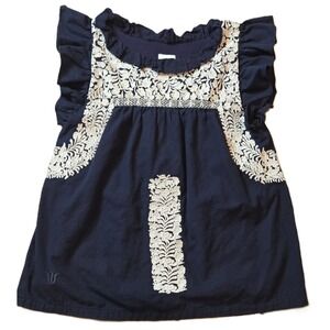J Marie Navy Blue Embroidered Ruffle Sleeve Tunic Top Size XS
